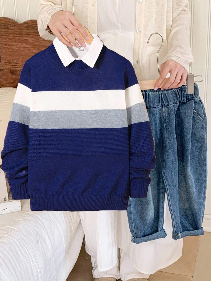 SHEIN 青少年男孩提花撞色运动衫，价格实惠，适合开学第一天穿着，可搭配男孩衬衫、白色裤子、男孩夹克、男孩裤子、纯色 T 恤、卡通衬衫、灰色连帽衫、男孩运动衫、牛仔裤（秋冬季）