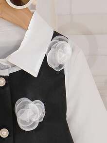 3pcs Girls Vacation Casual Elegant 3D Floral Decor Vest, Long Sleeve Shirt And Pleated Skirt Set Fall Winter - Black - View 7