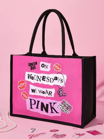 Mean Girls X SHEIN 1pc Polyester Tote Bag With Letter Graphic, Large Capacity Suitable For Commuting, School, Outdoor Activities, Women Use, "On Wednesday We Wear Pink"