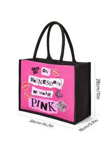 Mean Girls | SHEIN 1 件带字母图案的涤纶手提袋，大容量，适合通勤、上学、户外活动、女性使用，“星期三我们穿粉色” - 玫紅色 - 查看 7