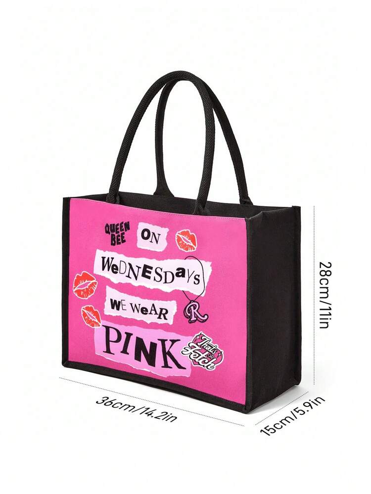 Mean Girls | SHEIN 1pc Polyester Tote Bag With Letter Graphic, Large Capacity Suitable For Commuting, School, Outdoor Activities, Women Use, "On Wednesday We Wear Pink" - Hot Pink - View 7