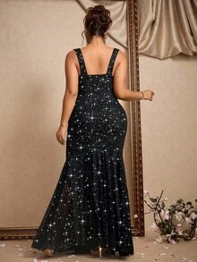 Allurite Vestido largo de mujer de talla grande, vestido sin mangas de cuello cuadrado con dobladillo de malla empalmado, brillante con brillo adecuado para fiesta, banquete, vestido largo de estilo de reina - Negro - Ver 2