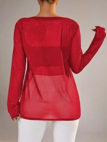 SHEIN Sports Women's Casual Solid Color Drop Shoulder Loose Mesh Long Sleeve Sports T-Shirt, Spring/Summer/Autumn - Red - View 2