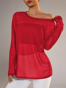 SHEIN Sports Women's Casual Solid Color Drop Shoulder Loose Mesh Long Sleeve Sports T-Shirt, Spring/Summer/Autumn - Red - View 3