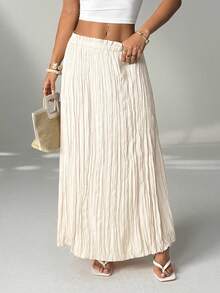 SHEIN PETITE 2025 Summer Women's Solid Color Paper Bag Waist Fashion Long Casual Skirt, Suitable For Independence Day, St. John's Day, Beach, Vacation, Graduation, Office, Beach Party, Cocktail Party, Holiday Style, Pleated, Ruffled, Skirt