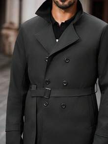 Manfinity Bizformal 男士纯色简约休闲长袖风衣男式风衣男式长外套男士外套黑色风衣双排扣风衣双排扣风衣男士黑色风衣男士风衣男士长外套男士外套，秋季 - 黑色 - 查看 6