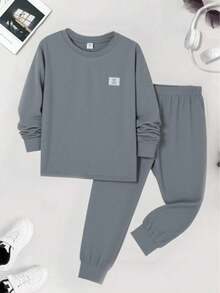 SHEIN Teen Boys' Slim Fit Gray Long Sleeve Top And Pants Set, Casual Collegiate Style, Comfortable And Versatile, Soft Fabric, Suitable For Daily Wear, School, Outings, Outdoor Activities, And Home, Base Layer For Autumn/Winter, Back To School Outfit Teen Loungewear Sets Teen Boys Cotton Sets Teen Boy Pajama Set Boys Cotton Pajama Sets - Grey - View 2