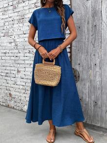 EMERY ROSE 女式休闲纯色上衣和裙子两件套 - 寶藍色 - 查看 3