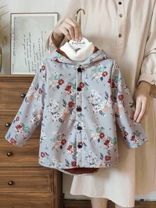 Vintaside Kids 年轻女孩动物与植物印花保暖内衬连帽纽扣可爱卡通夹克，适合日常休闲穿着 - 彩色 - 查看 4