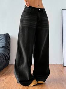 SHEIN PETITE CURVE 加猫须阔腿牛仔裤（无腰带） - 黑色 - 查看 5