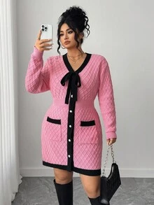 Elenzga Plus Size Women's Autumn Long Sleeve Knotted Front Pocket Design Elegant Knit Dress