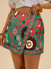 Travachic Plus Size Bohemian Casual Vacation Beach Shorts With Tie Decoration & Ruffle Trim For Women