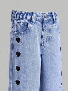 SHEIN ChillGRL Girls' Washed Light Blue & Dark Blue Heart Embroidery Denim Jeans, Loose Straight Leg, Comfortable & Versatile, Suitable For Spring, Summer, Autumn, Winter, Holidays And Casual Outings Fall - Light Wash - View 6