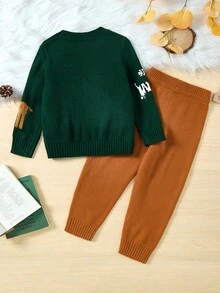 SHEIN Conjunto de 2 piezas de suéter holgado con estampado de animales lindo y pantalones casuales para niños pequeños, con tejido jacquard grueso, adecuado para el hogar, exterior y la escuela, otoño/invierno - Multicolor - Ver 2