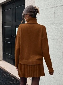 SHEIN Clasi 2pcs/Set Solid Color Turtleneck Long Sleeve Top And Mini Skirt Knit Sweater Set - Brown - View 2