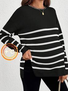 SHEIN 秋季服装，秋装，孕妇秋冬服装，孕妇条纹印花圆领开衩休闲长袖套头毛衣，女士毛衣，女士套头衫，孕妇秋冬加大码毛衣 - 黑與白 - 查看 3