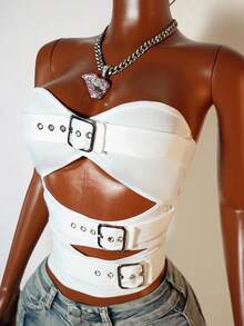 Mistrie Women's Sexy Fashion Street Buckle Detail Hollow Out Fitted Tube Top, Summer - White - View 1
