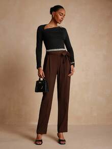 Vesra Waist Patchwork Lace Tie-Up Waist Suit Pants - Brown - View 4