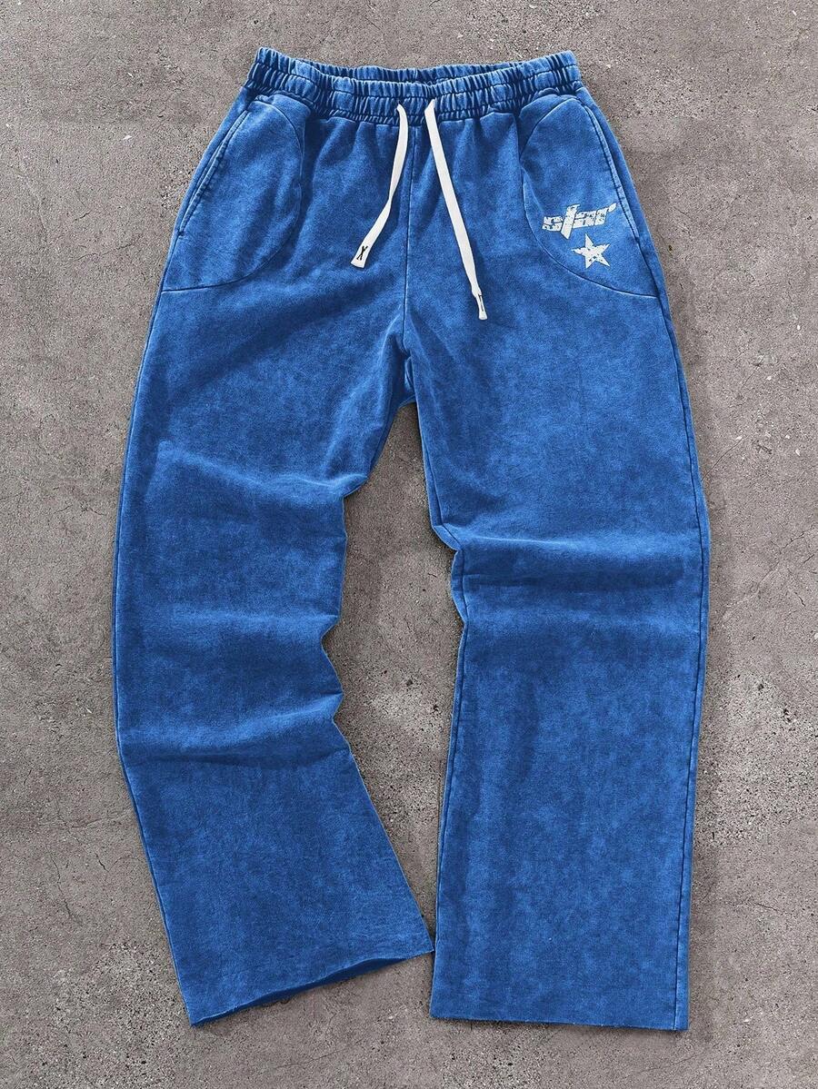 PAVTROS Manfinity Streetrush Men's Fashionable Casual Denim Effect Print Frayed Drawstring Sweatpants - Blue - View 1