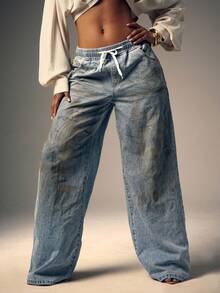 Denimoi Drawstring Waist Baggy Wide Leg Washed Denim Jeans - Light Wash - View 5