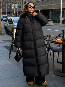Livesso 女士纯色长袖拉链领长款拼接仿毛皮休闲连帽冬季外套 - 黑色 - 查看 4