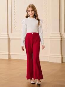 Conjunto de camiseta básica de manga larga de cuello redondo ajustada de unicolor y pantalones acampanados de cintura alta de unicolor, estilo casual minimalista, adecuado para volver al colegio, otoño - Burdeos - Ver 3
