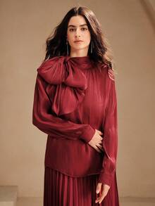 Anewsta 女式高领长袖系带袖口优雅雪纺衬衫，正式蝴蝶结袖口衬衫，适合秋季、外出、派对、圣诞节、工作、毕业典礼、婚礼 - 酒紅色 - 查看 4