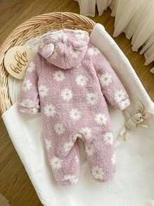 新生女宝宝可爱毛绒爱心图案连帽连体衣，秋冬季连帽衫圣诞节万圣节服装新生儿男女通用保暖服女宝宝冬季连体衣保暖女宝宝服装婴儿抓绒连体衣秋季