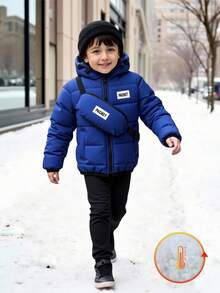 Young Boy Blue Quilted Hooded Padded Coat With Backpack, Back To School Season Fall Winter - Blue - View 1