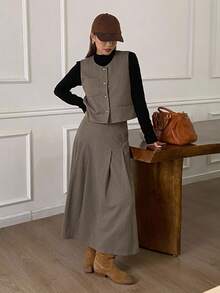 DAZY 2 件套女士人字纹圆领无袖背心夹克和百褶裙休闲优雅秋冬套装 - 灰色 - 查看 4