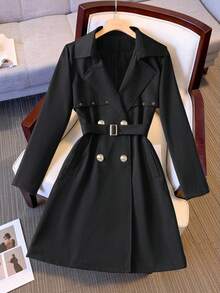 Franclia معطف ترنش أنيق متوسط الطول للنساء ذو تصميم معدني مثقب وأبازيم للخصر، مناسب للخريف والشتاء، باللون الأسود، مناسب للخروج والأناقة والأعمال المكتبية واليومية والمهنية والحضرية - الأسود - مشاهدة 1