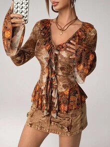 SHEIN ICON Women's Floral Print Ruffle Trim Tie Front Blouse