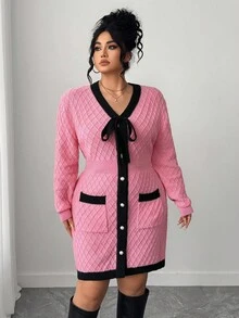 Elenzga Plus Size Women's Autumn Long Sleeve Knotted Front Pocket Design Elegant Knit Dress