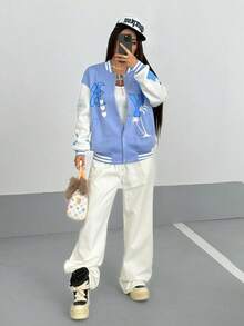 SHEIN Unity 字母圖案落肩袖雙色學院風夾克 - 藍色 - 查看 5