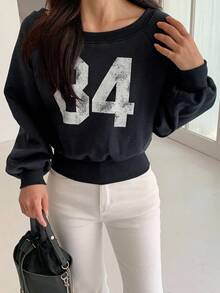 DAZY Women's Off Shoulder Letter Print Loose Cropped Sweatshirt - Navy Blue - View 7