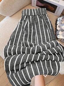 SHEIN PETITE CURVE Plus Size Casual Commuter Striped Wide Leg Linen Cotton Pants - Black - View 6