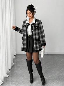 Elenzga Gothic Academia Check Detail Halloween Plus Size Coats Fall Winter Autumn - Black and White - View 5