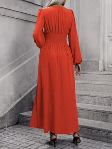 EMERY ROSE Lantern Sleeve Ruched Split Thigh Dress Maxi Women Outfit - Orange - View 2