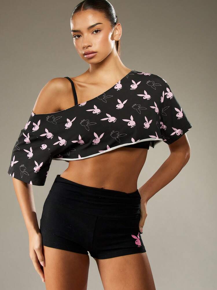 Missguided x Playboy Top court asymétrique à une épaule en coton imprimé avec motif de logo de lapin