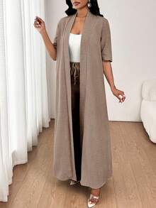 SHEIN Lady 2025 New Women's Elegant, Casual, Commuting, Vacation, Simple, Lighting Brown Solid Color Long Cardigan Jacket And Loose-Fitting Straight-Leg Trousers Two Pieces Set Four Seasons - Olive Green - View 7