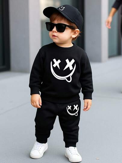 SHEIN Playful Pals 2件套婴儿/男童可爱图案黑色长袖圆领卫衣和裤子套装，适合秋冬季节，婴儿运动服套装，黑色运动套装，男童冬季服装，男童街头服饰套装，6个月-3岁男童运动服，男童街头服饰，男童服装，黑色运动服，男童秋季街头服饰