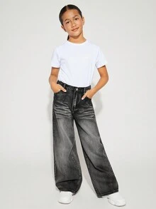 Radiana Tween Girls Y2K 酷炫时尚水洗猫须斜口袋宽松阔腿牛仔裤，女孩秋装返校街头装 - 黑色 - 查看 4