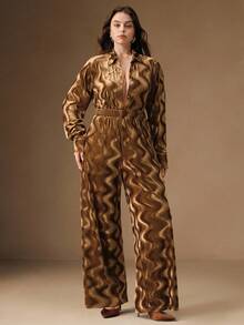 Anewsta Traje suelto de terciopelo con textura ondulada y moderno - Caqui - Ver 4