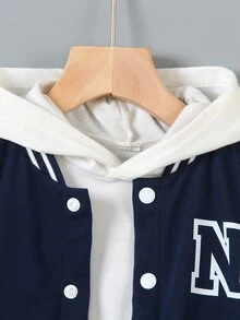 SHEIN 小男孩两件套，黑色针织毛衣，白色撞色袖子和大号字母 N 印花，搭配同色字母印花运动裤，衣领、袖口、下摆和脚踝处有罗纹饰边，松紧腰身，穿着舒适，休闲运动风格，适合春秋季日常穿着、上学、旅行 - 寶藍色 - 查看 6