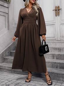 SHEIN Clasi Plusstorlek Dam Enfärgad Enkel Plisserad Klänning Maxi Dam Outfit - Kaffebrun - Visa 3