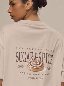 Musera Sport Oversized Graphic Print Short Sleeve T-Shirt Active Sports Workout Cute Cinnamon Swirl Graphic Tee - Cream - View 2