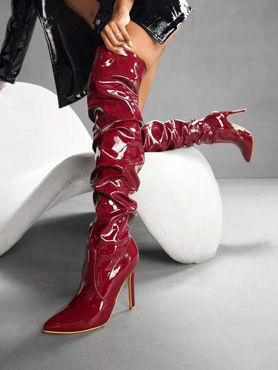 CUCCOO SZL Women's Party Wine Red High Heeled Boots, Glossy PU, Sexy Dancewear Boots, Wide Leg Boots, Pleated Boots, Over The Knee Boots, Autumn/Winter For Christmas