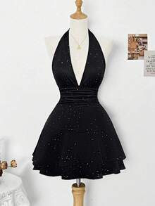 SHEIN Clasi Vestido de mujer elegante con lentejuelas y cuello halter, apto para vacaciones y fiesta