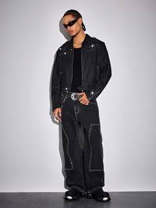 ROMWE MEN Street Life Men's Rivet Loose Straight Leg Jeans - Black - View 7