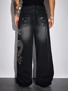 ROMWE MEN Street Life Jeans anchos y sueltos de moda casual para hombres con bordado de dragón chino y patrón floral lavado - Negro - Ver 3